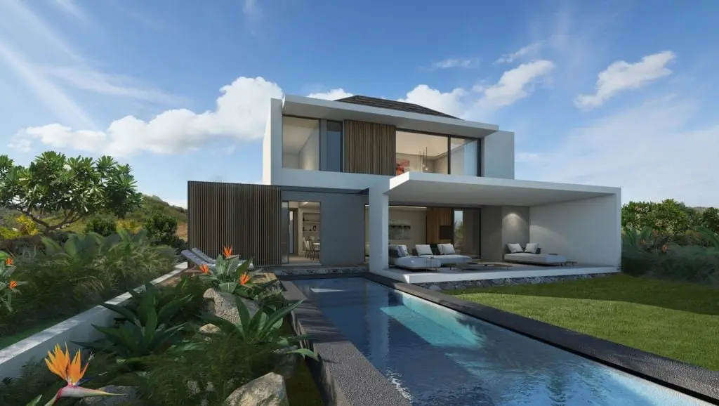 Pure Exterior with pool greg scott, heritage villas valriche, pure villa, contemporary villa, new villas for sale in mauritius, off plan villas in mauritius, luxury estate in mauritius, architectural villas, villas contemporaines, acheter une villaa maurice